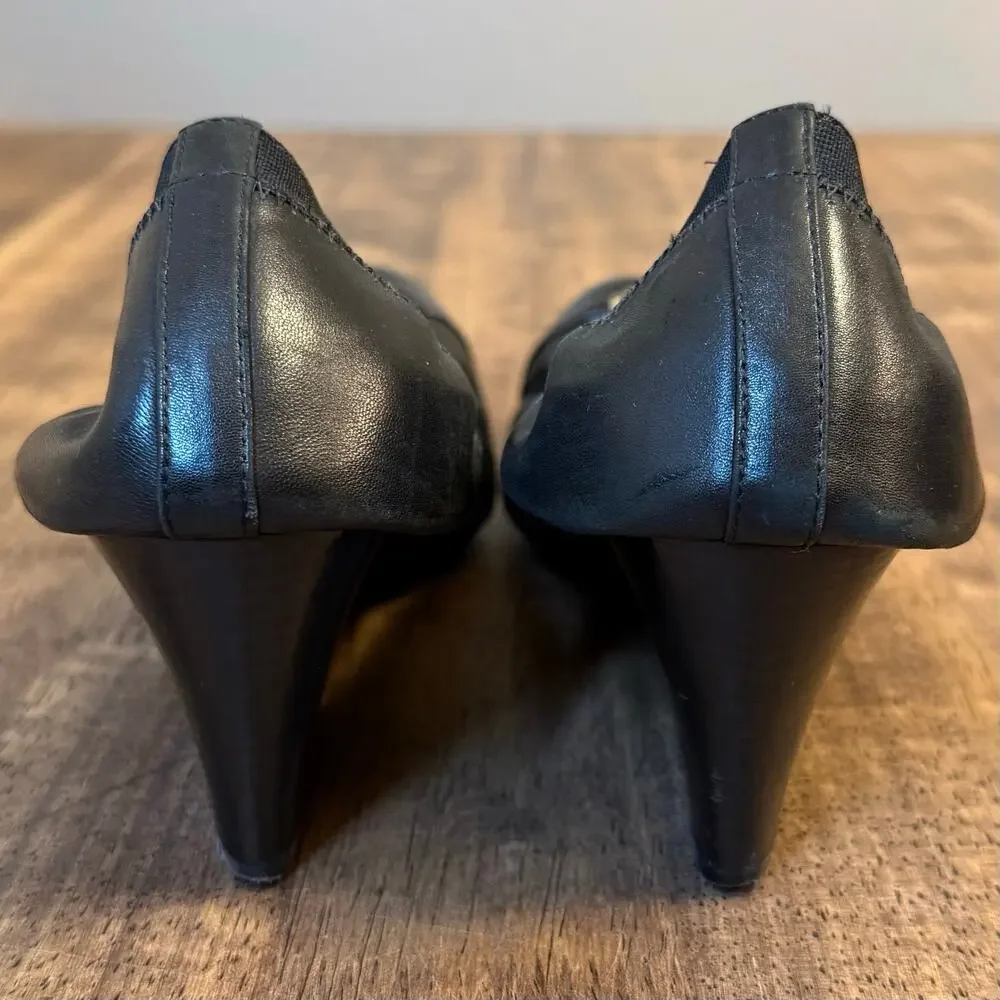 Tory Burch Jolie Ballet Wedge Leather Heel Gold Logo Round toe Black Women's 8.5